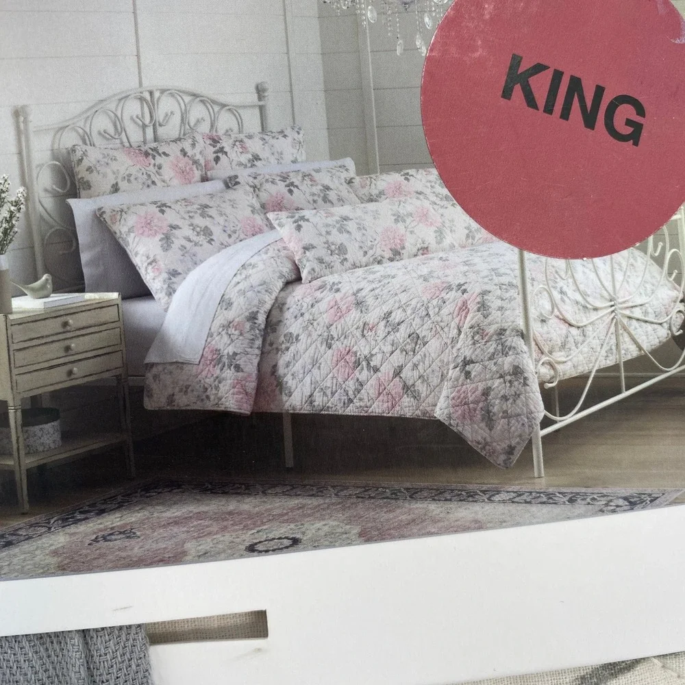 Shabby Chic Linen Cotton Quilt KING Pink Rose Floral Cream Bedding Romantic